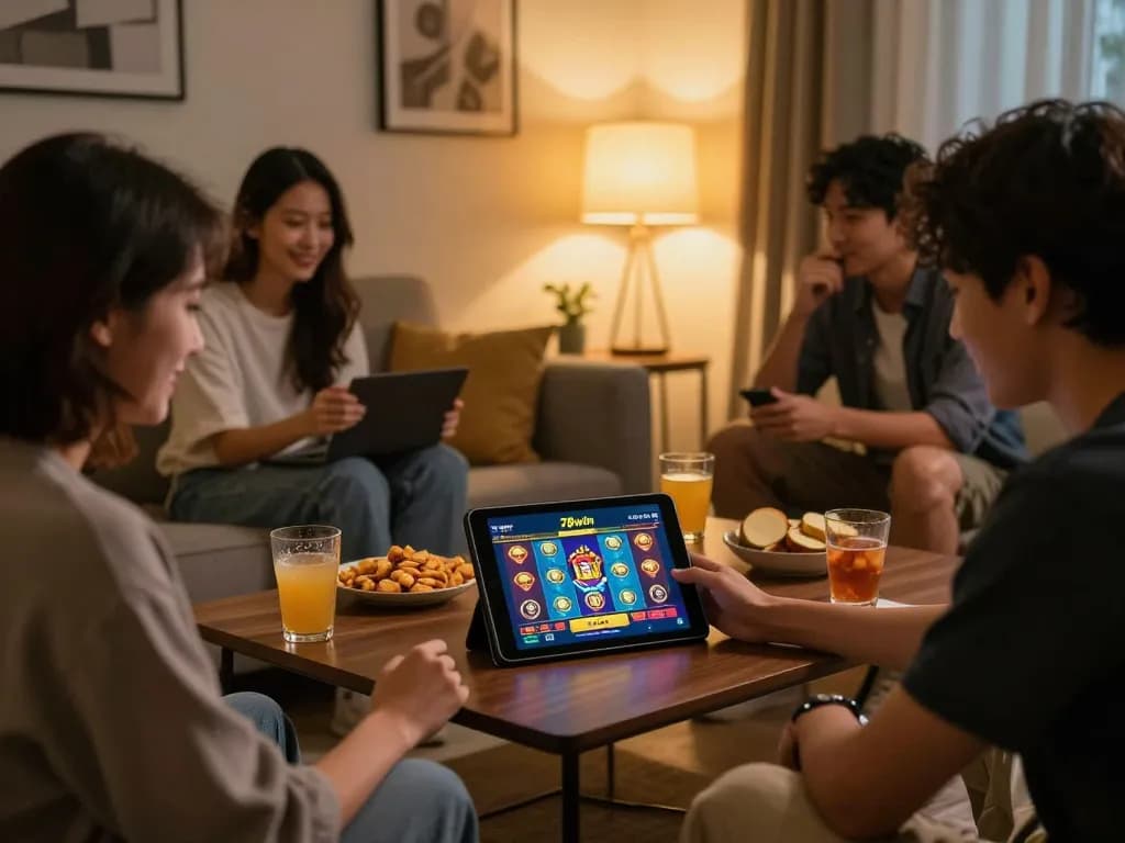 Players engaged in 78win online casino gameplay in a cozy home environment, showcasing tablet user experience.
