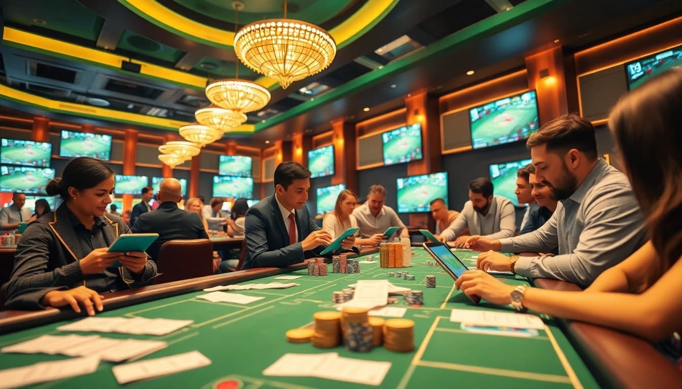 Experience the excitement of judi bola betting in a vibrant casino atmosphere with enthusiastic gamblers.