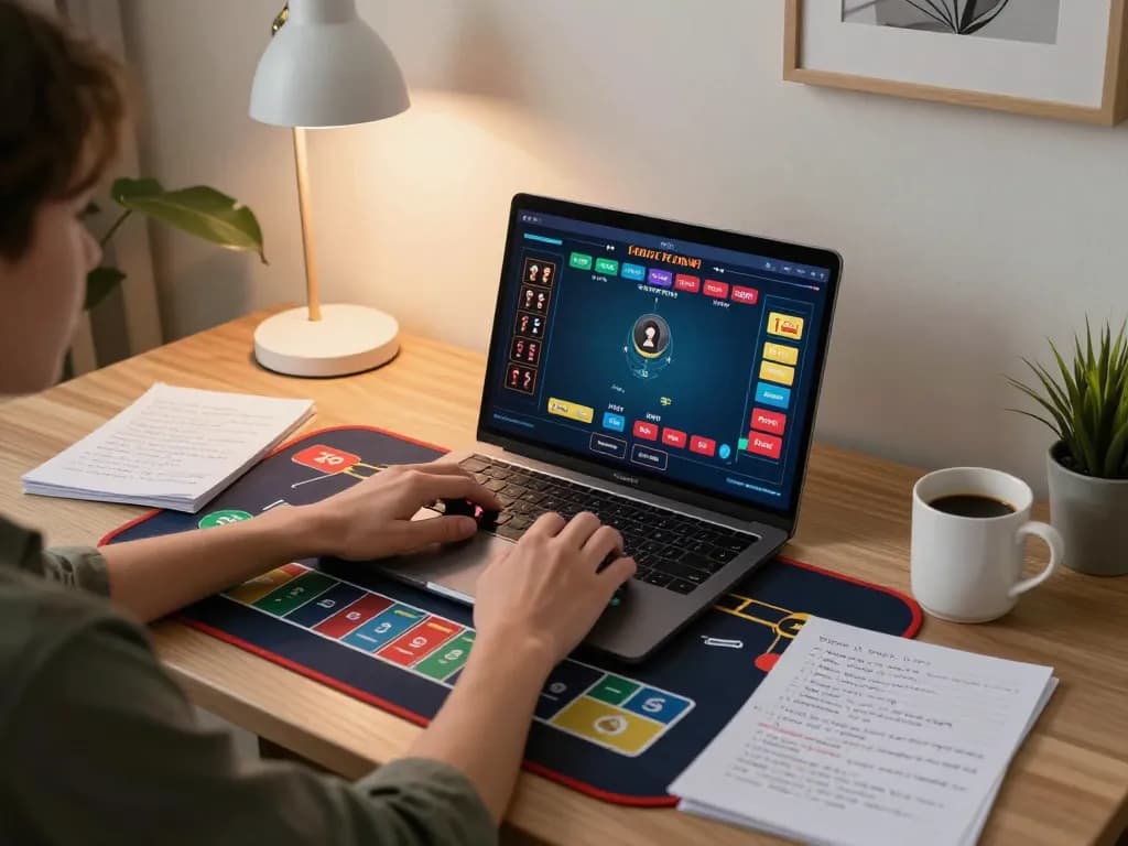 Player enjoying tip88 poker game on laptop at home with charts and strategies.