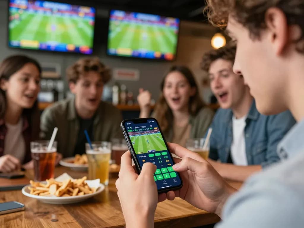 Engaging in tỷ lệ kèo nhà cái 5 betting on sports with friends at a lively bar.