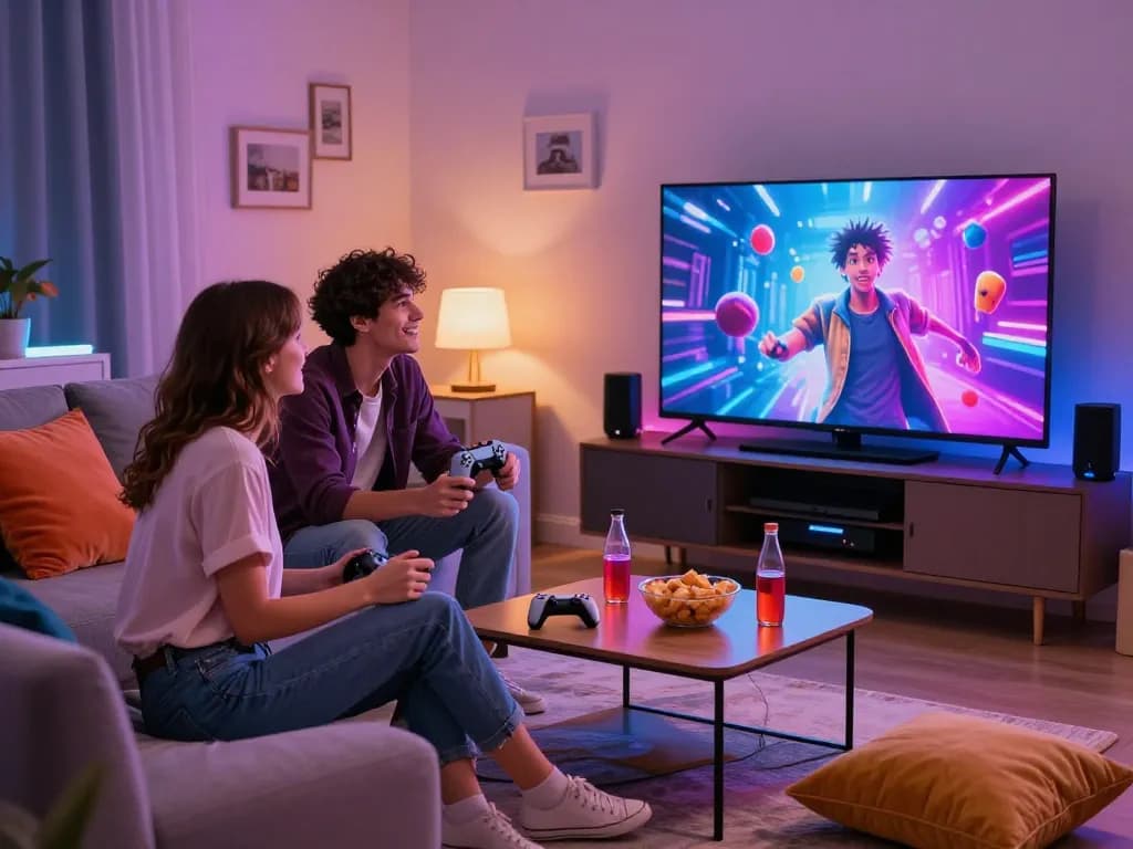 Couple enjoying interactive sex games together in a cozy living room.