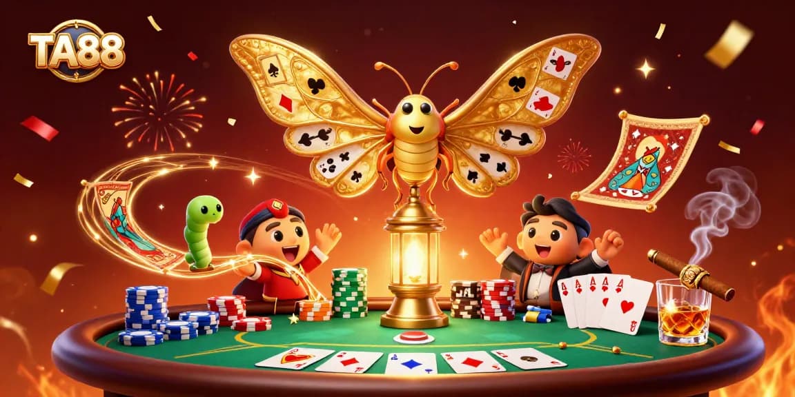 Engage in thrilling gameplay with TA88, where golden moths weave intricate casino scenes.