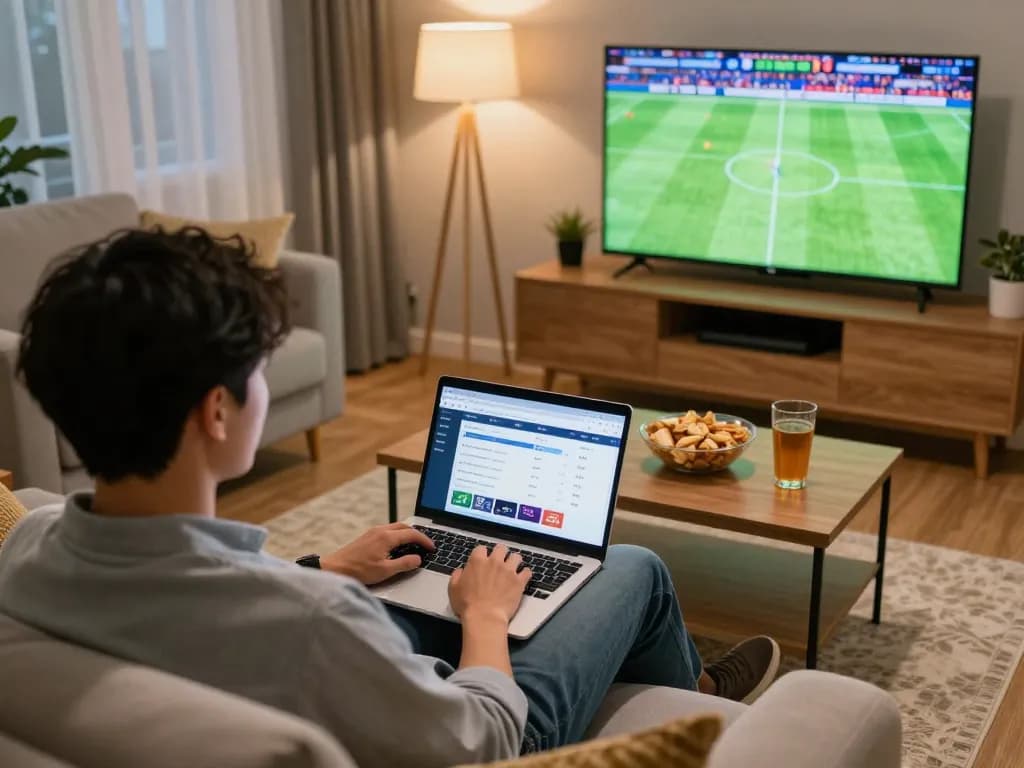 Bettor viewing xem tỷ số bongdalu on a laptop during live sports, creating an engaging home betting atmosphere