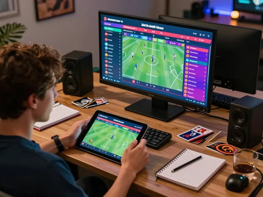 Analyze kết quả bóng đá on tablet during exciting sports betting session with vibrant setting.