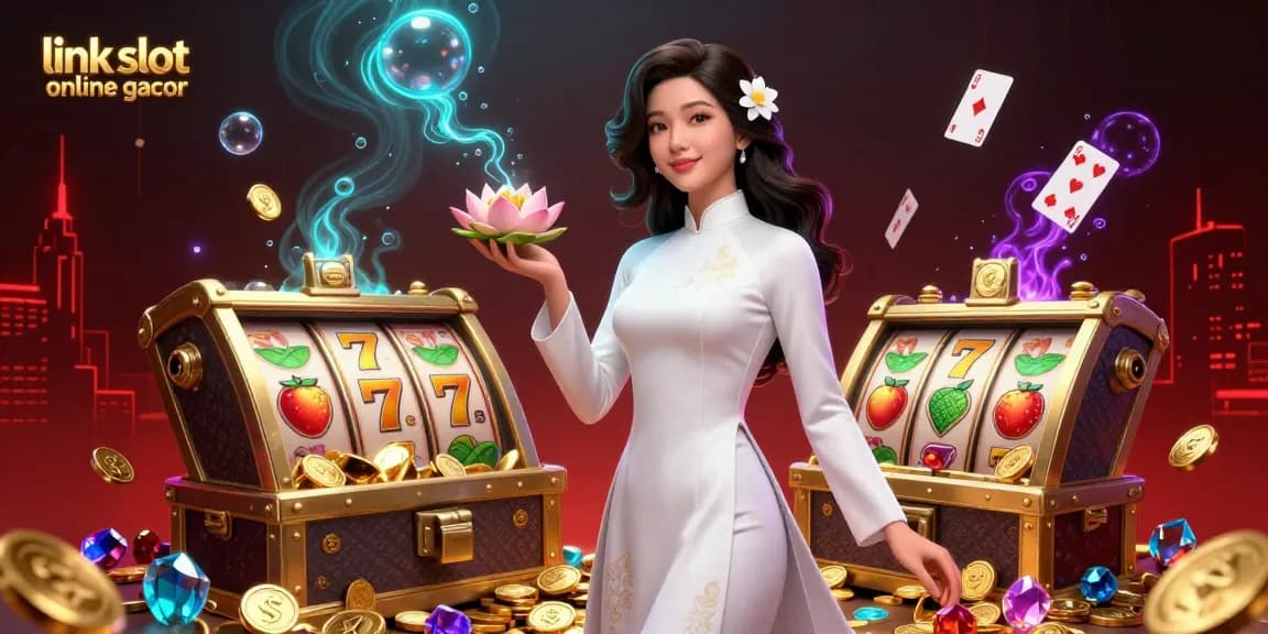 Play exciting games with link slot online gacor in a vibrant casino-themed illustration featuring dynamic elements.