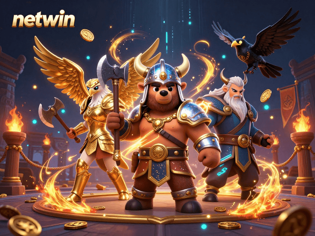 Engage with netwin's dynamic casino atmosphere featuring a Viking bear and Valkyrie eagle.