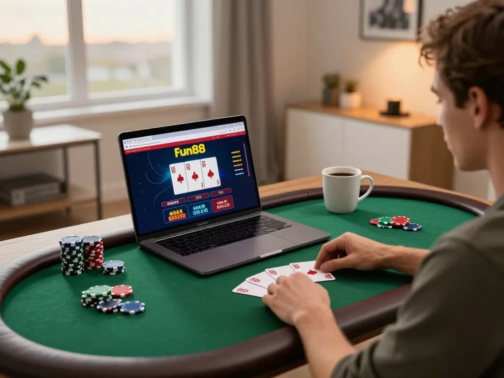 fun88 player enjoying online poker with a laptop in a cozy home setting
