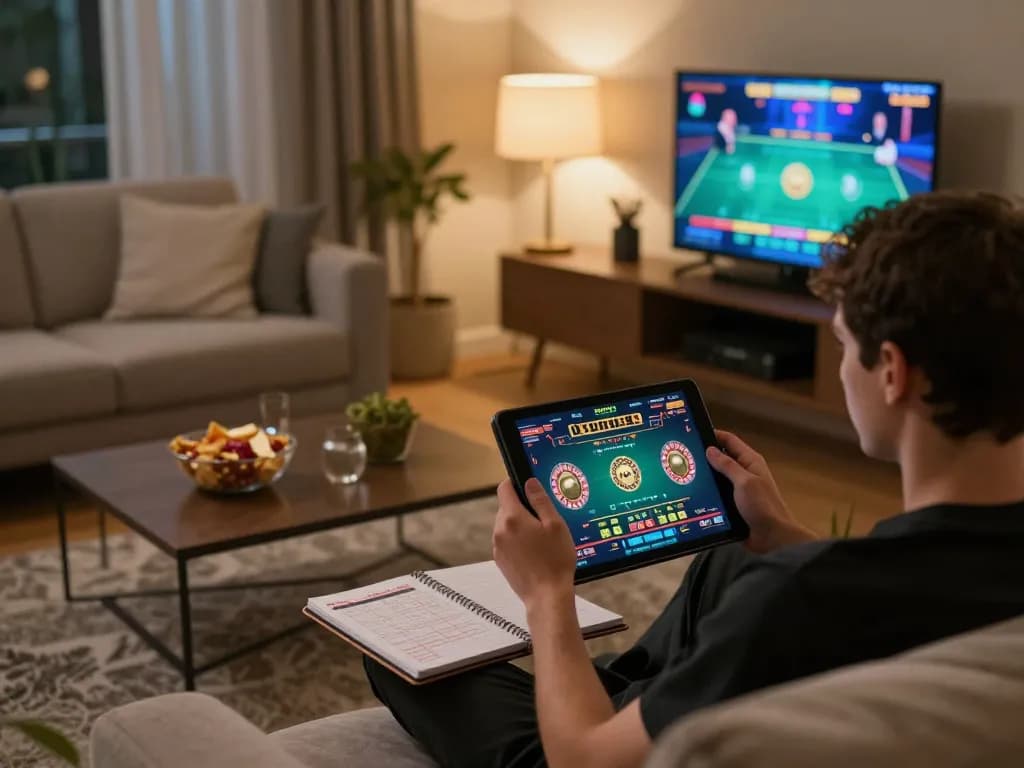 Orang yang menganalisis strategi permainan kasino di tablet, merepresentasikan scrapbooking-association dalam dunia permainan online.