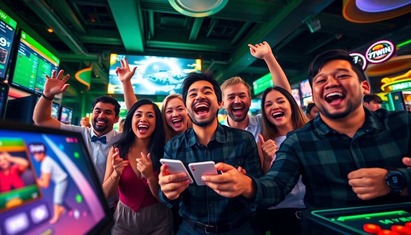 Exciting gaming scene at 77win showcasing diverse players engaging in sports betting, casino, and fishing games.