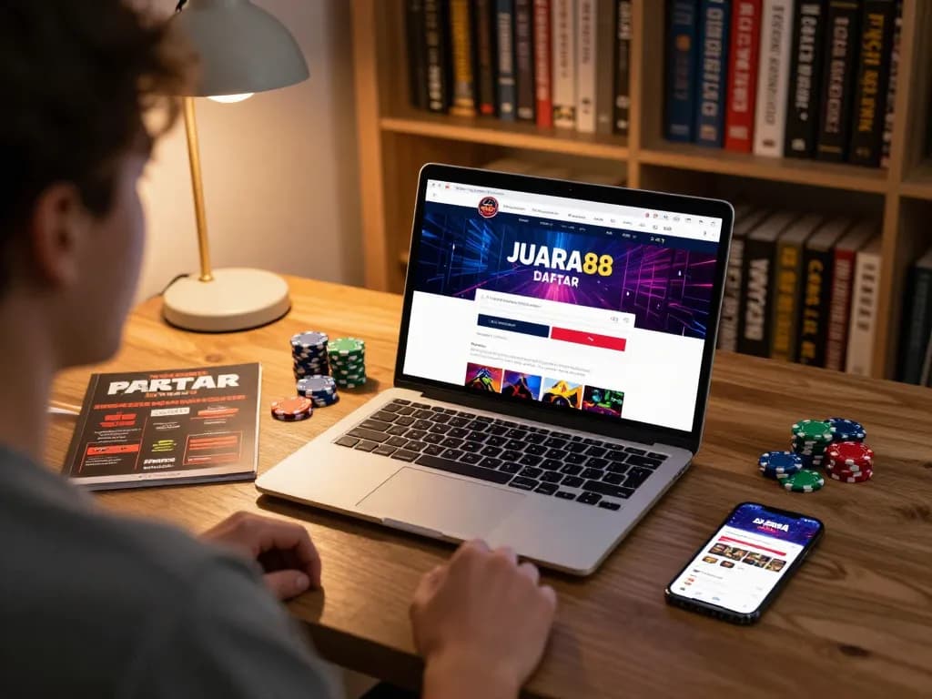 JUARA88 DAFTAR online gaming setup with a laptop showing the login interface, betting guides, and gaming accessories.