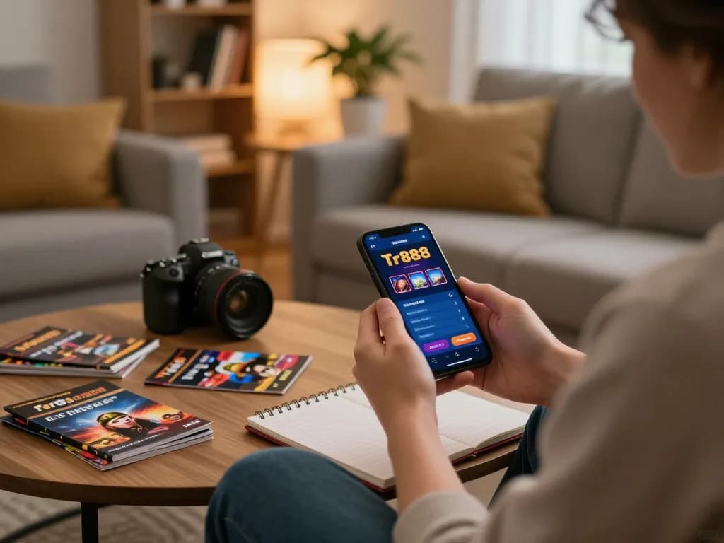 Person enjoying Tr888 on smartphone at home, with gambling strategies visible on the table.