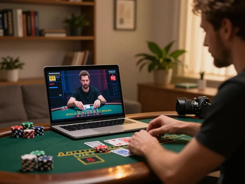 Playing blackjack on mm88 com via laptop at home, showcasing chips and cards in action