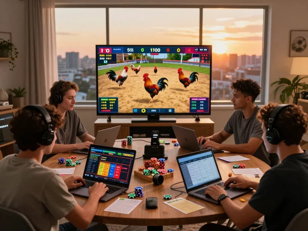 Players enjoying Gavn99 online cockfighting bets in a lively home setting, showcasing vibrant graphics and warm sunset light.