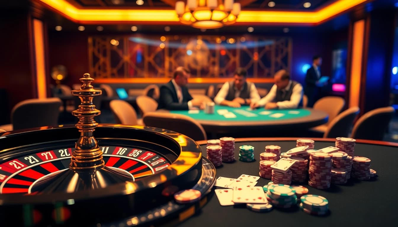 Experience thrilling gameplay at sepuhplay with a vibrant casino scene featuring roulette and poker.