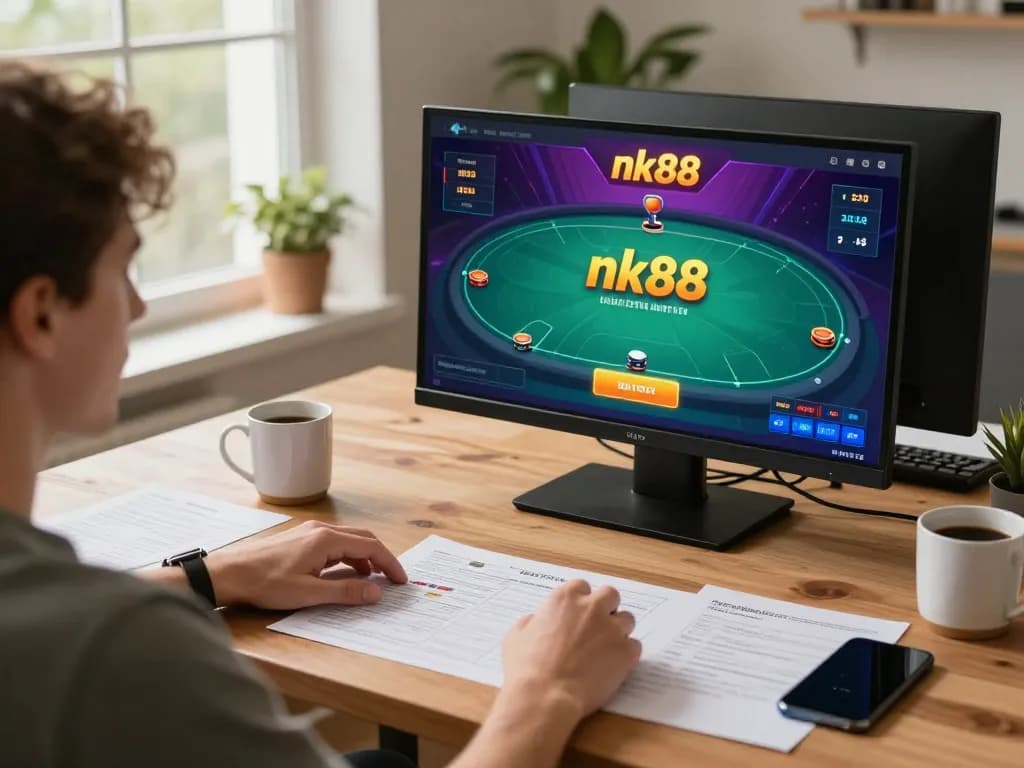 Player engaging with nk88 app on tablet, surrounded by strategic notes and cozy home elements.