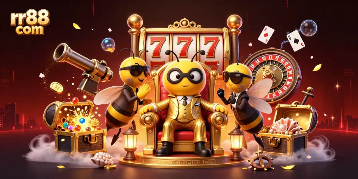 Experience the excitement of rr88 com with a vibrant 3D casino scene showcasing slots, cards, and golden treasures.