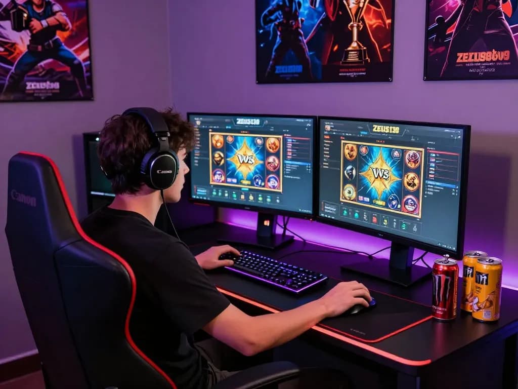 Zeus138 online gaming setup with a focused player, dual monitors displaying vibrant slot game graphics.