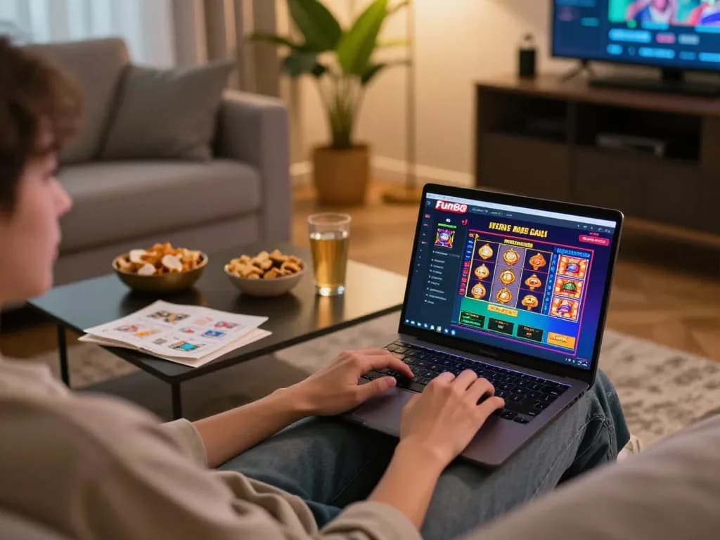 Enjoying a Fun88 gaming session on a laptop surrounded by snacks and strategy notes in a cozy home setting.