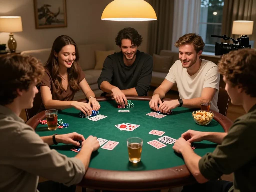 Group of friends enjoying poker night at home, lclc88 strategy in action with chips and cards spread around the table.