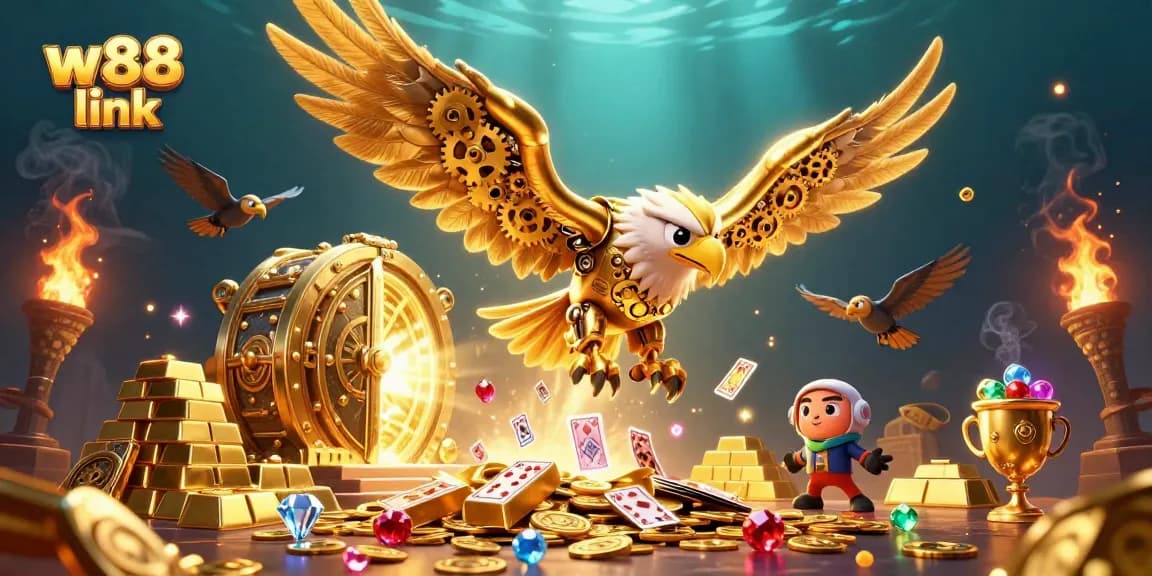 Engage with W88 link for dynamic gameplay showcasing golden eagle amidst casino treasures.