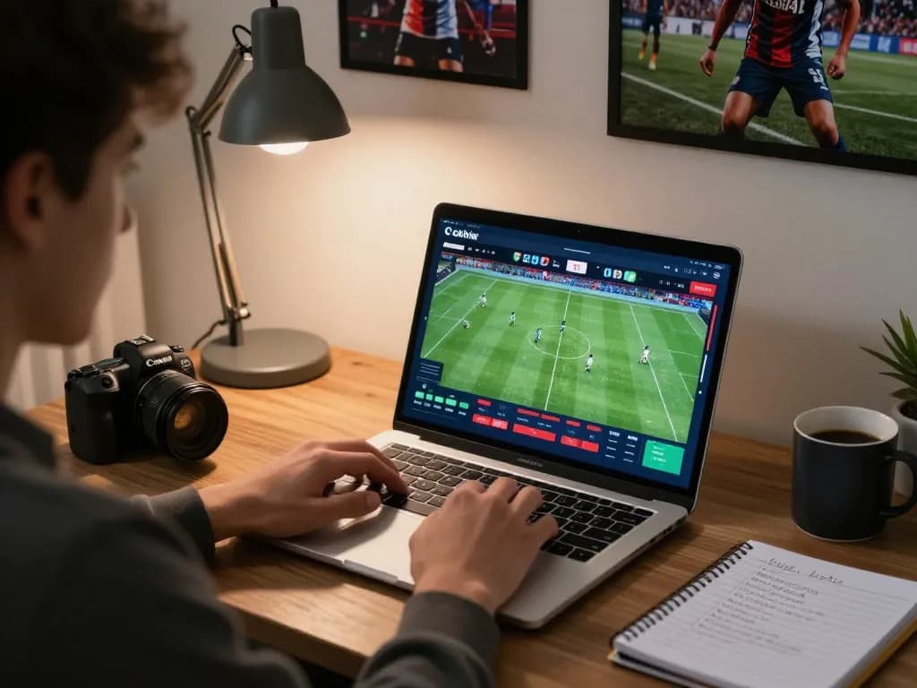 Cakhia sports betting setup with a person engaged on a laptop, showcasing live match odds and strategies.