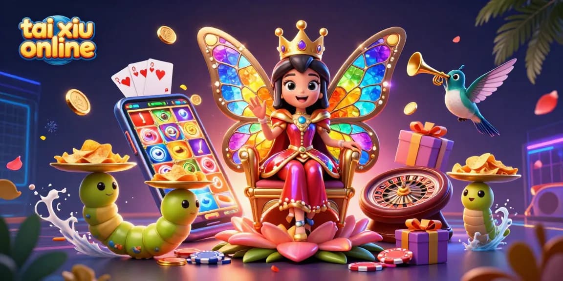 Tai xiu online scene with a butterfly queen and vibrant casino elements celebrating betting strategies.
