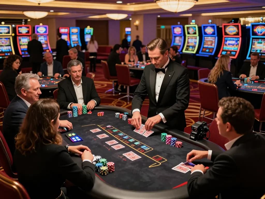 Players engaging in blackjack strategy while enjoying the excitement of tr 88 at a vibrant Vegas casino table.