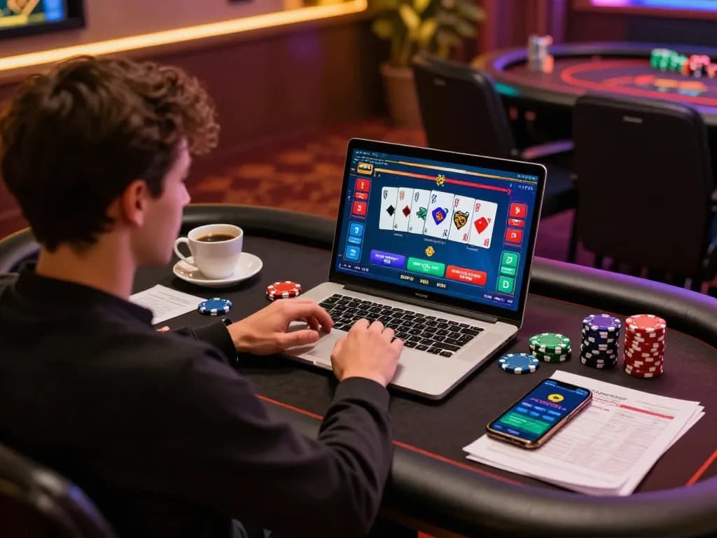 Engaged player strategizing poker tactics on RR88 online casino platform.