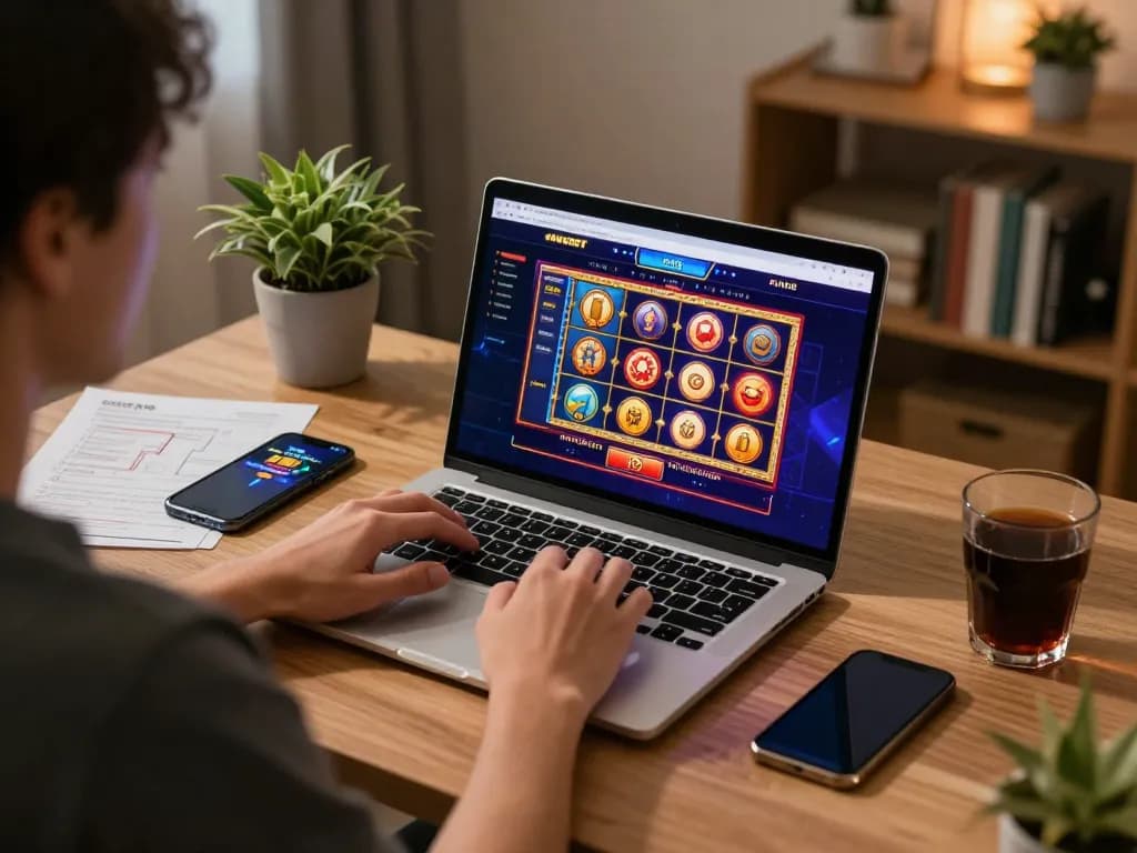 Engaging in hubet online casino gaming with vibrant slot visuals on a laptop, cozy home setting.