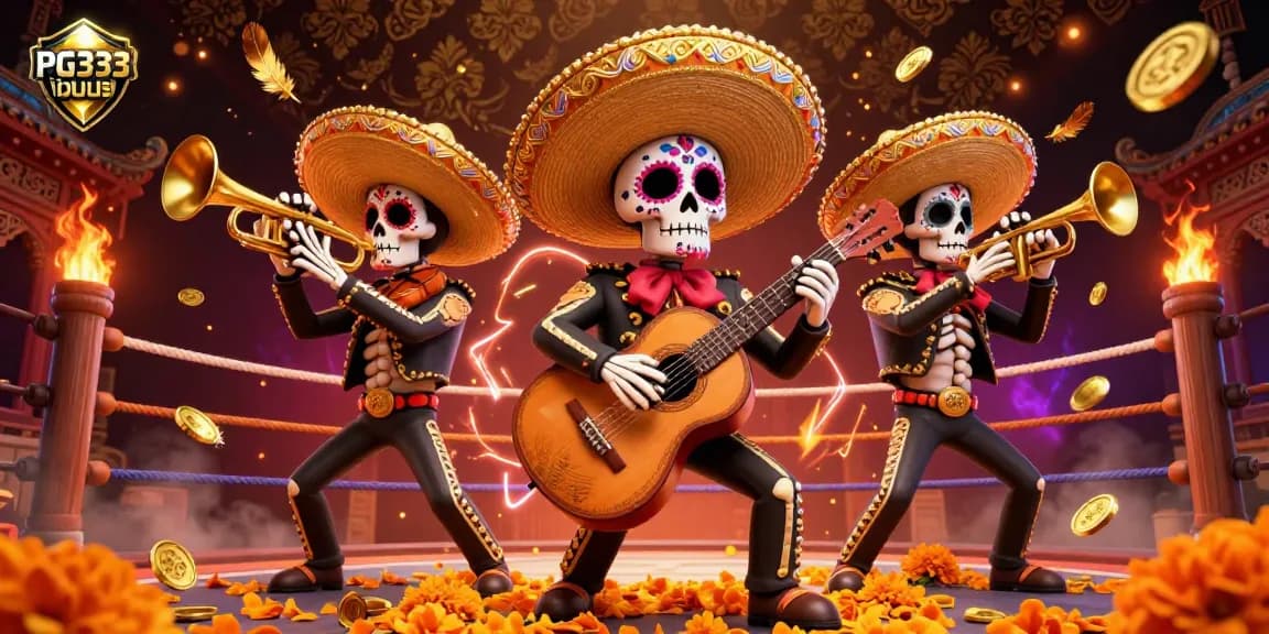 Experience the excitement of PG333 เว็บตรง with a vibrant Day of the Dead-themed casino illustration featuring lively mariachi characters.