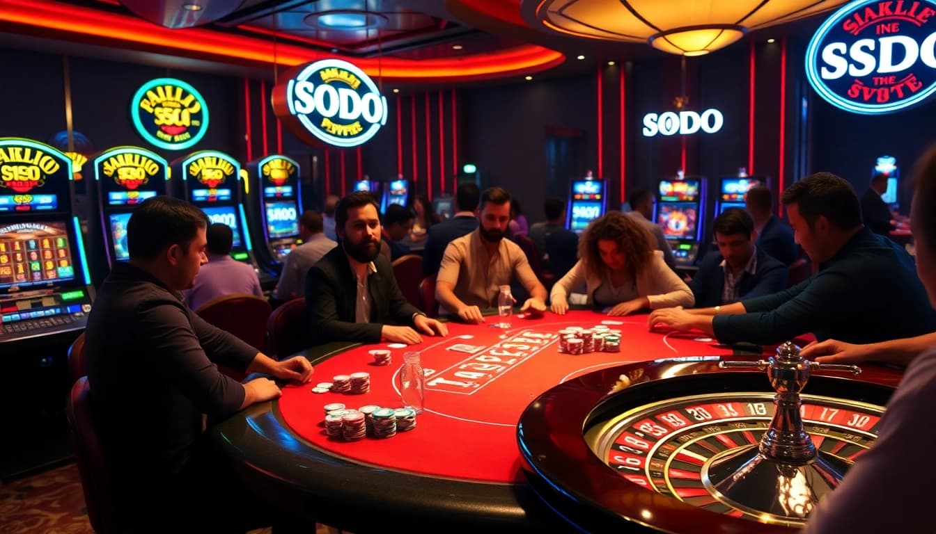 SODO casino players enjoying a thrilling poker game at a luxurious table with vibrant atmosphere.
