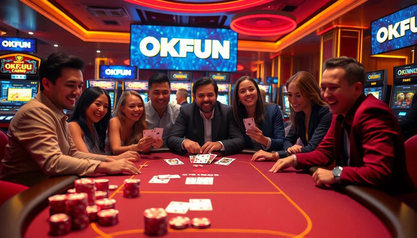 Excited players winning at OKFUN casino table with vibrant poker chips and cards.