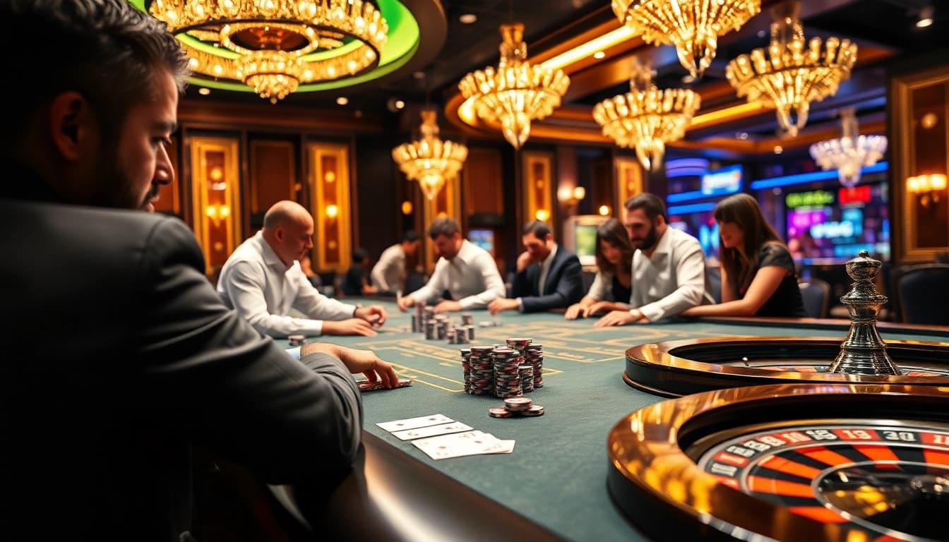 18vip casino scene showcasing players at an engaging gaming table surrounded by luxury.