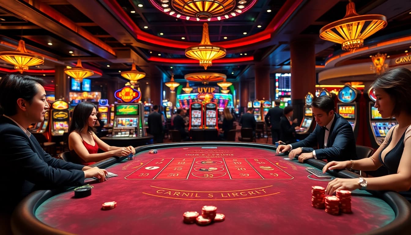 Experience the thrilling uvip casino game with elegantly dressed players at a vibrant table.