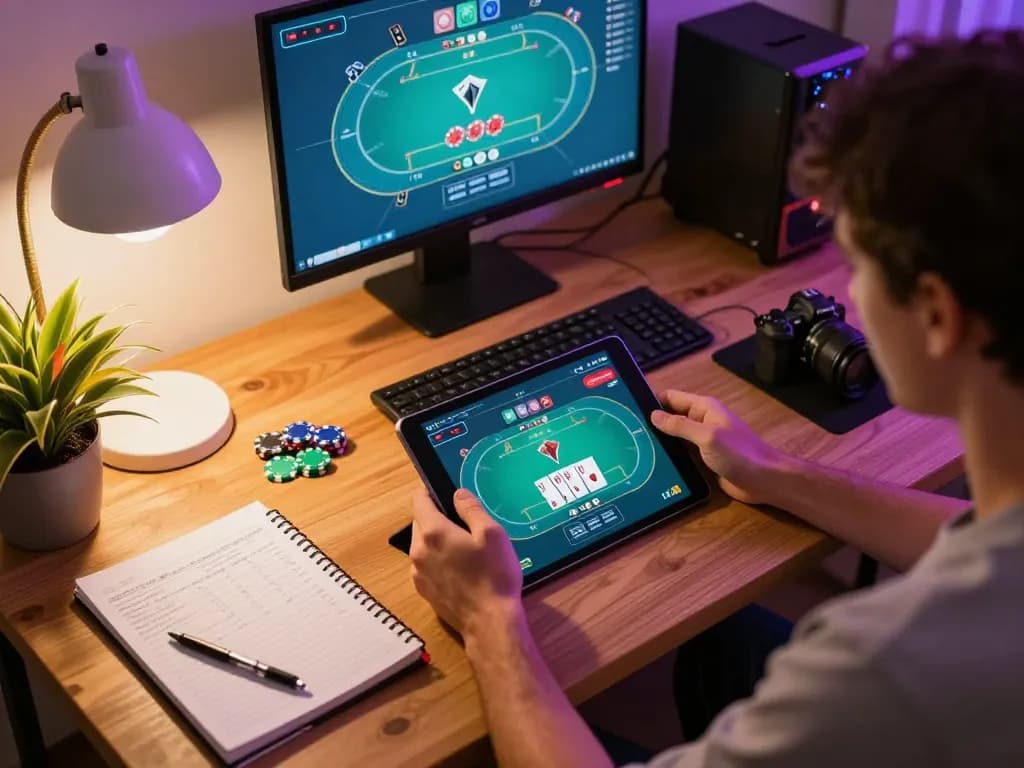 Engaged player at home with tablet gambling on https://kjc.events/ in a cozy, strategic setup.