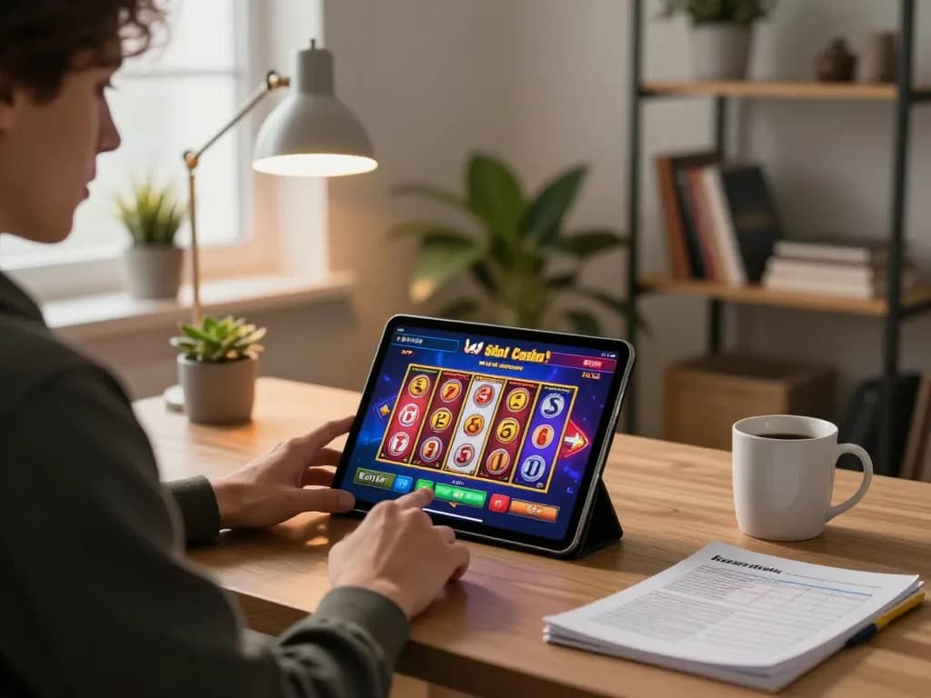 Engaging scene of kdslot being played on a tablet in a cozy home office, showcasing a strategic and focused gambling atmosphere.