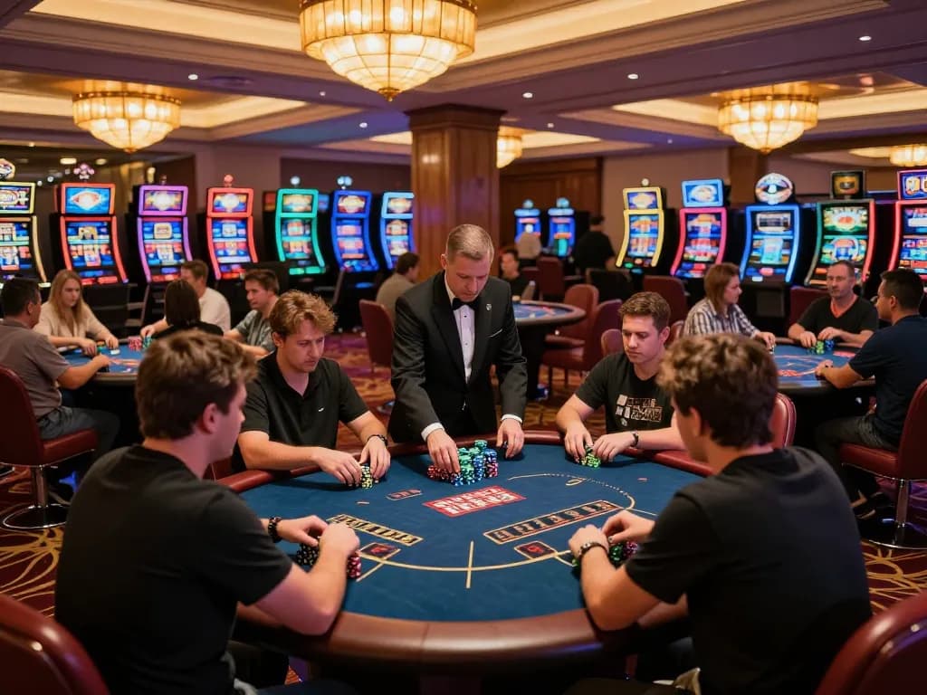 HM88 players placing bets at exciting casino poker tables amidst vibrant atmosphere