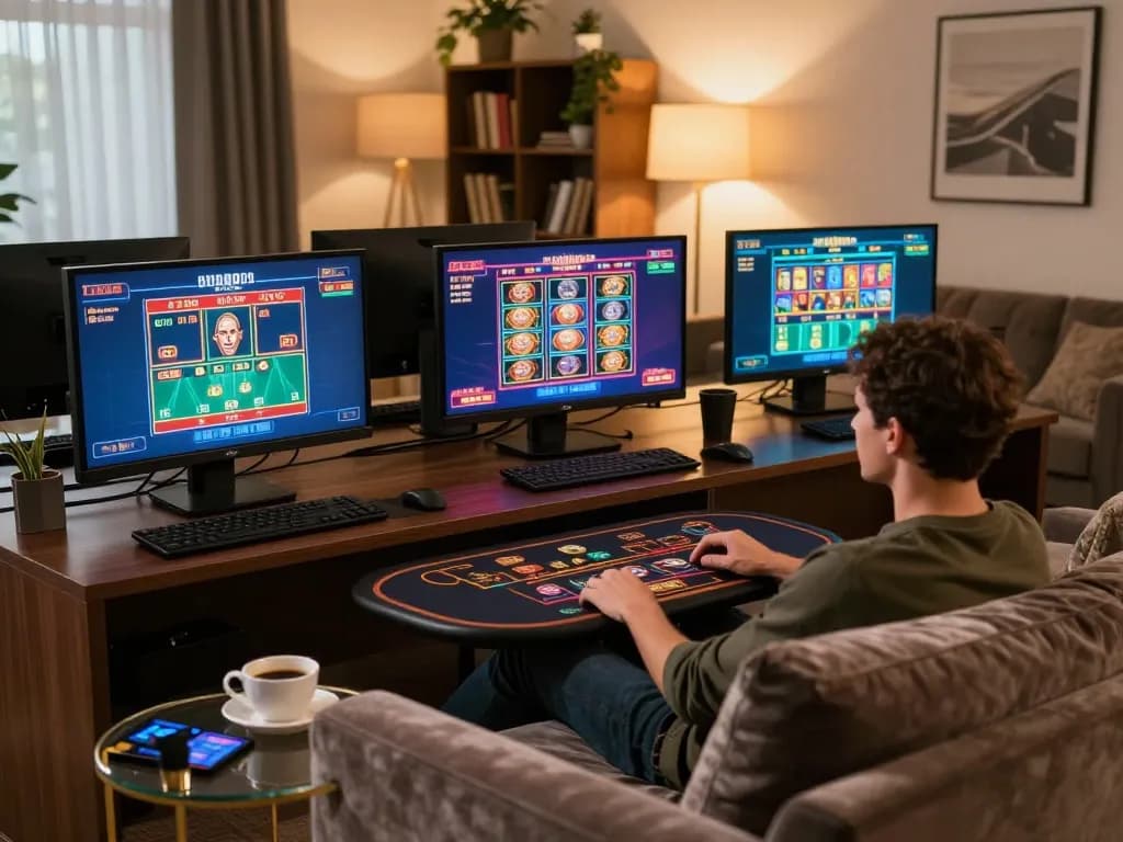 Engaged player exploring transcrime-themed online slots from a cozy home setup.