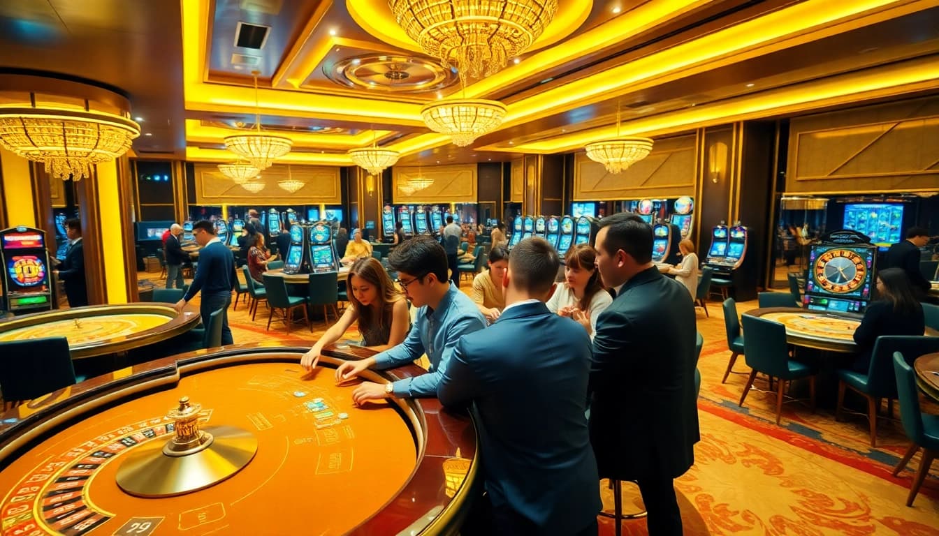 Players at Go 99 casino place bets at luxurious tables, showcasing vibrant gaming action.