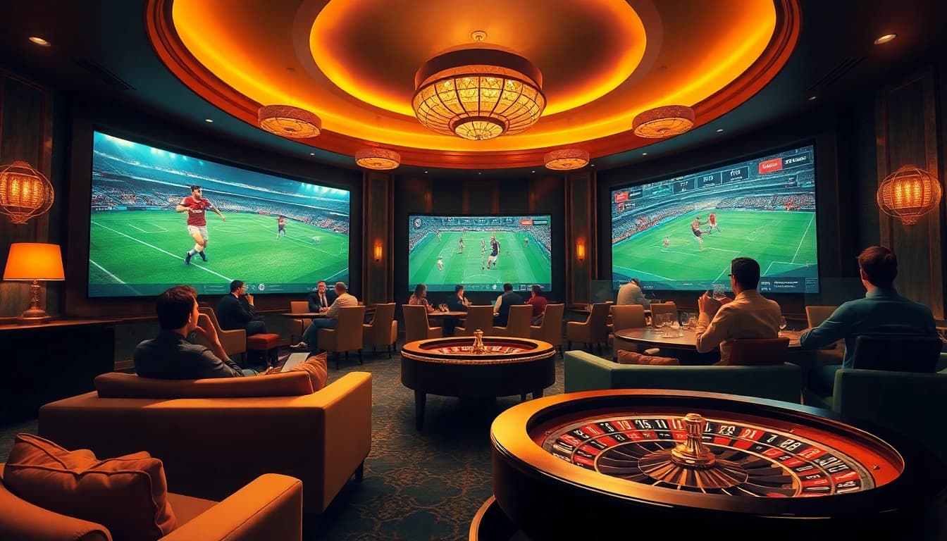 Exciting scene at a sports betting lounge featuring แทงบอล action, luxury seating, and live matches.