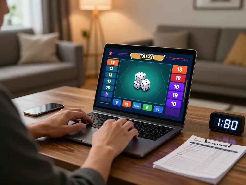 Tài xỉu online gameplay setup showing player using laptop for strategic betting in a cozy home