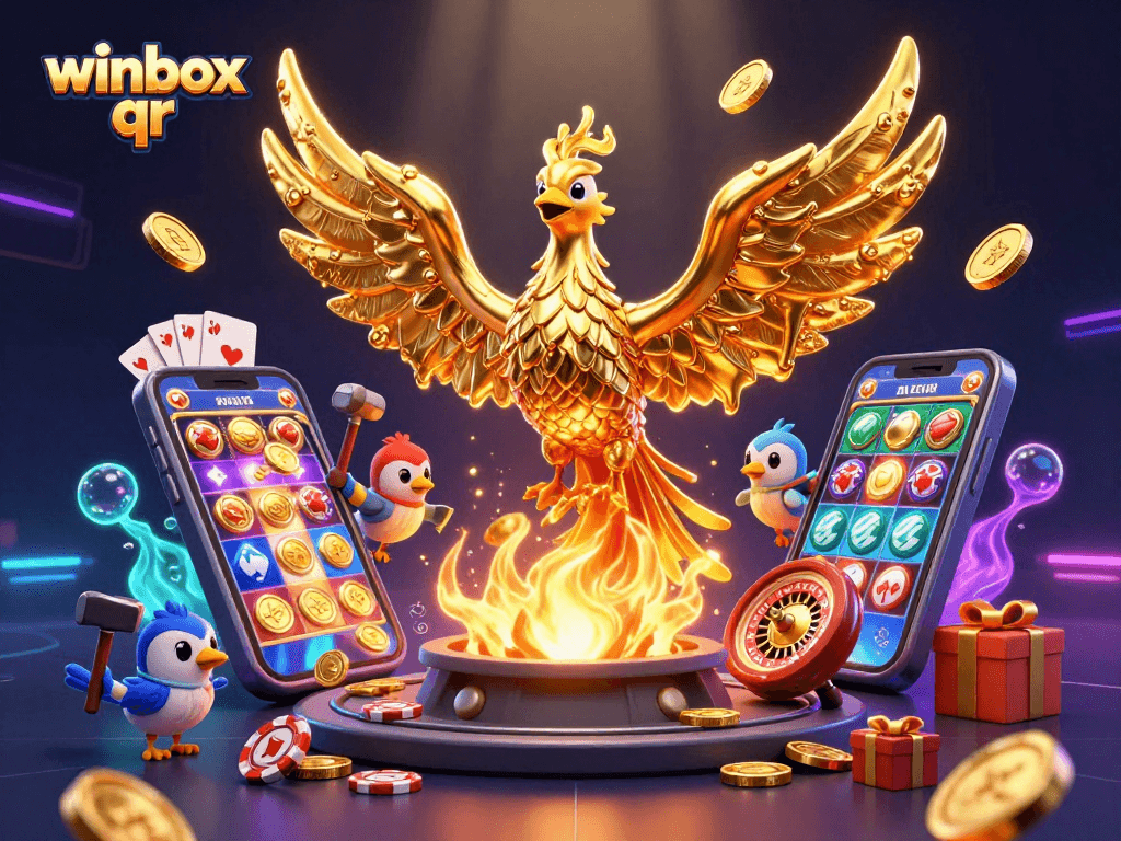 Winbox qr releases golden coins from molten phoenix, vibrant 3D cartoon casino scene