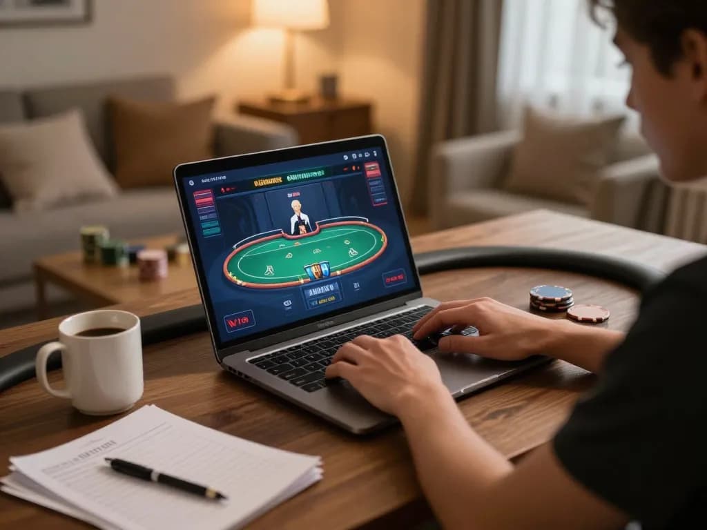 Engage with kkwin.in at home, showcasing a person playing online poker with strategy notes.