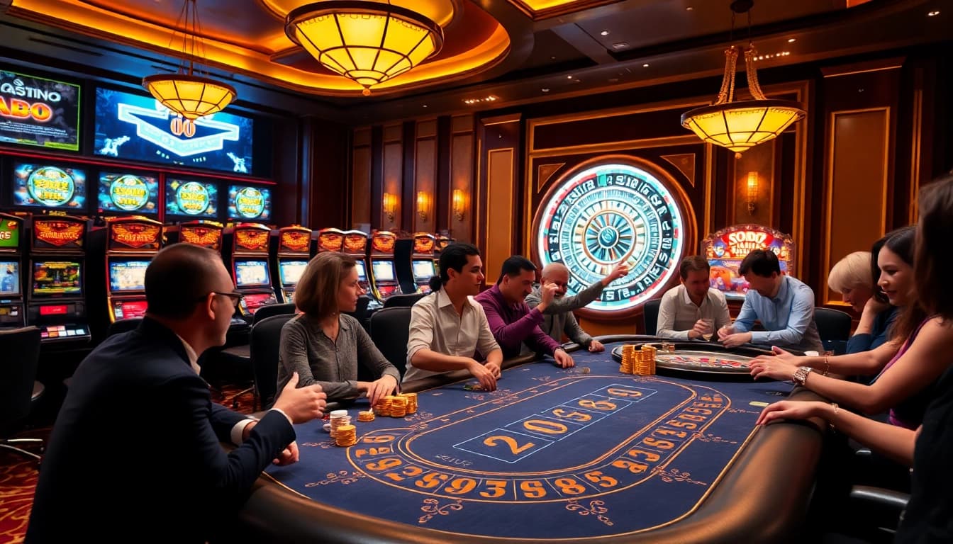 Experience the excitement of SODO Casino with vibrant poker gameplay and luxurious casino decor.