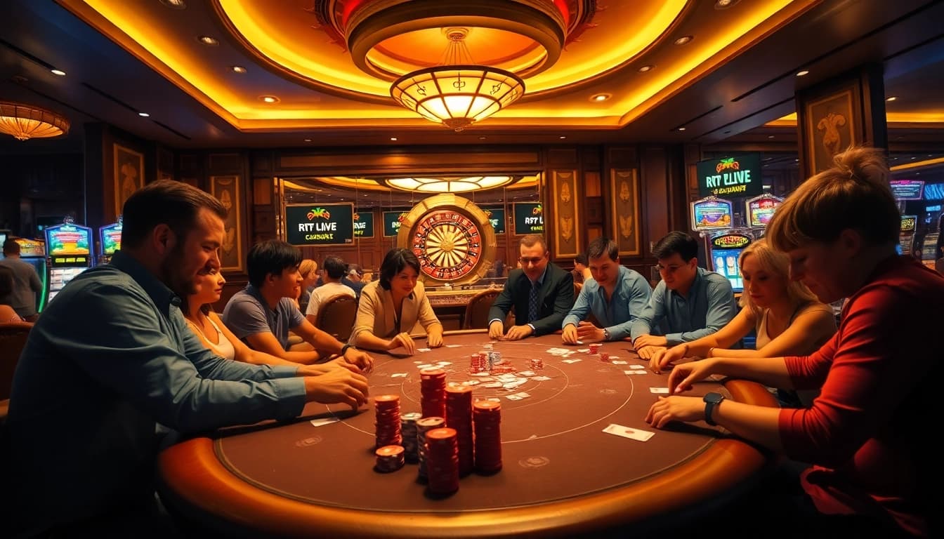 Experience the excitement of RTP Live with players engaged at a vibrant poker table and illuminated slot machines.