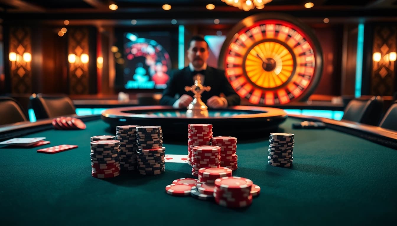 Winning at poker with high stakes at DF999, featuring chips and cards in a luxurious casino setting.