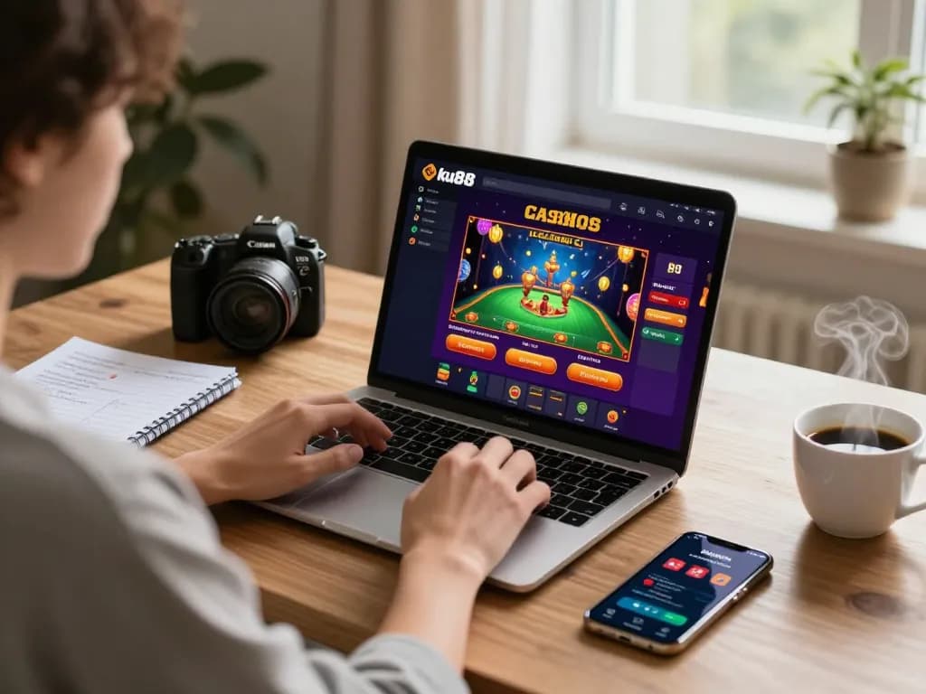 Engaging with ku88 casino platform on laptop during relaxing online gaming session.