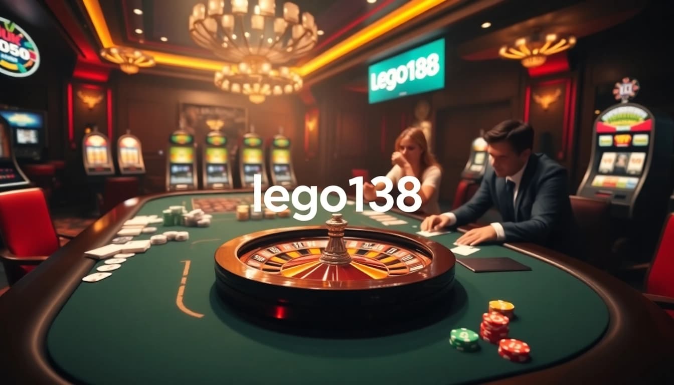 Experience the excitement of lego138 in a luxurious casino with roulette, poker chips, and slot machines.