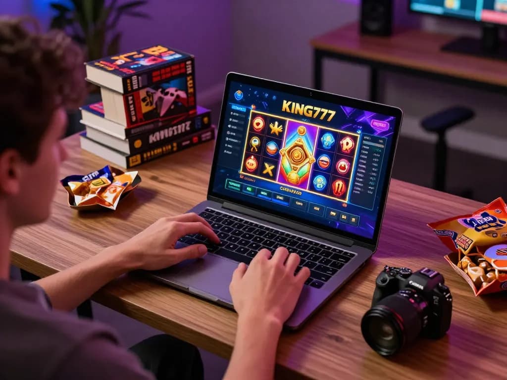 Berinteraksi dengan aplikasi kasino KING777 di laptop modern, menunjukkan pengalaman perjudian online yang menegangkan.