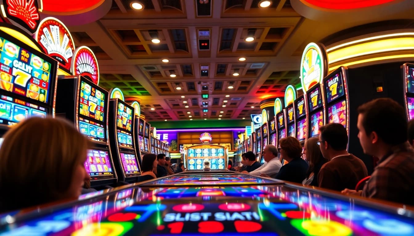 Menangkan permainan garasislot dengan mesin slot yang berwarna cerah dan suasana kasino yang meriah.
